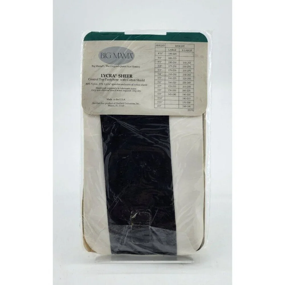 Vtg Big Mama Lycra Sheer Control Top Pantyhose‎ Cotton Shield Off Black Sz Large